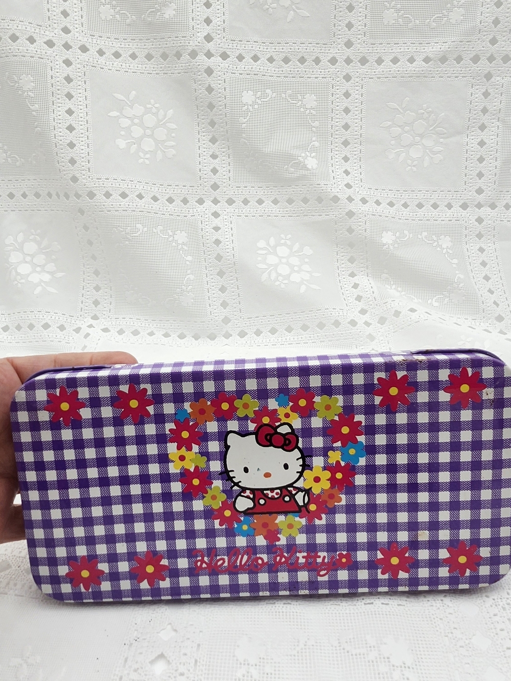 1993 Vintage Sanrio Hello Kitty  Tin Pencil Case Purple Gingham Flower